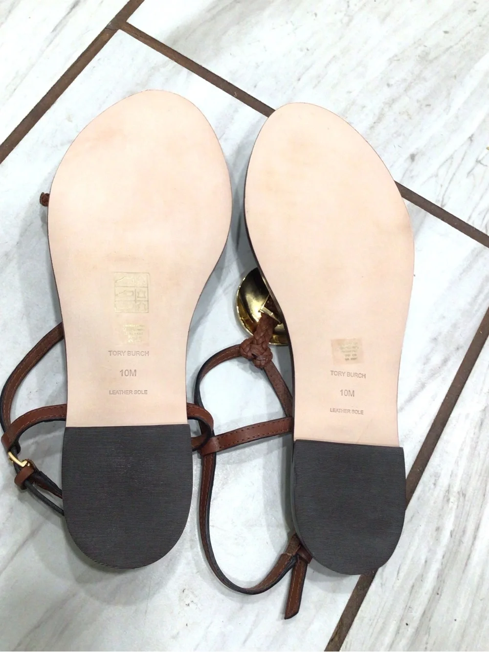 Tory Burch Patos Brown Gold Medallion Leather Flat Sandals Size 10M NIB 80287